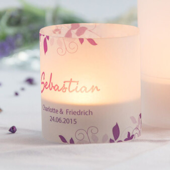 Tischkarte Windlicht Hochzeit lila Ranken inkl. Personalisierung & Maxi Teelicht