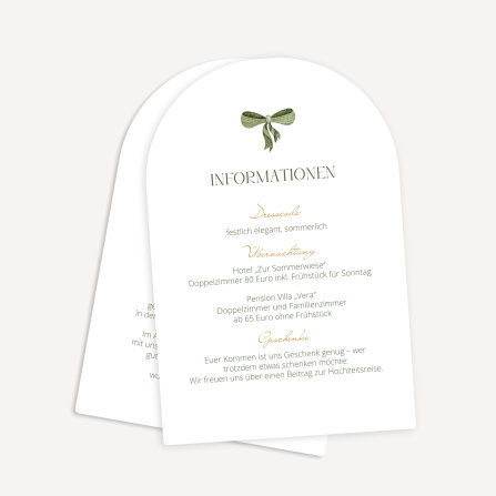 Hochzeitseinladung Kartenduo halbrund "Schleife olive"