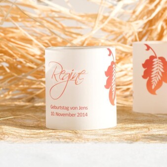 Tischkarte Windlicht Hochzeit Leaf Rot-Orange inkl. Personalisierung & Maxi Teelicht
