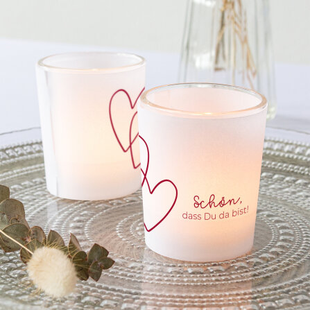 Tischkarte Windlicht Zwei Herzen inkl. Glas