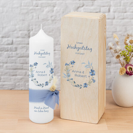 Kerzenbox Holz "Blütenkranz blau"