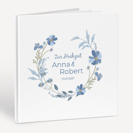 Personalisiertes Gästebuch Hochzeit zum Ausfüllen "Blütenkranz blau"
