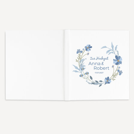 Personalisiertes Gästebuch Hochzeit zum Ausfüllen "Blütenkranz blau"