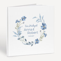 Personalisiertes Gästebuch Hochzeit zum Ausfüllen "Blütenkranz blau"