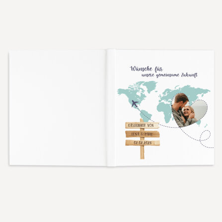 Personalisiertes Gästebuch Hochzeit zum Ausfüllen "Weltkarte Reise ins Glück"