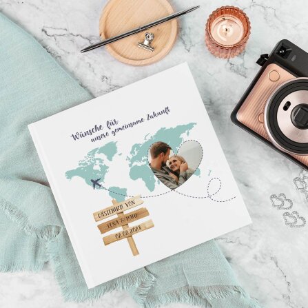 Personalisiertes Gästebuch Hochzeit zum Ausfüllen "Weltkarte Reise ins Glück"