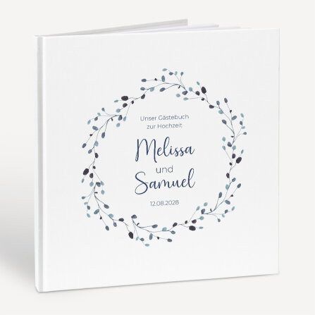 Personalisiertes Gästebuch Hochzeit zum Ausfüllen "Blätterkranz blau"