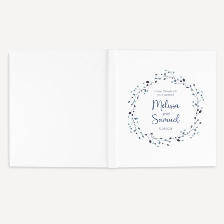 Personalisiertes Gästebuch Hochzeit zum Ausfüllen "Blätterkranz blau"