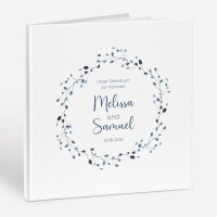 Personalisiertes Gästebuch Hochzeit zum Ausfüllen "Blätterkranz blau"
