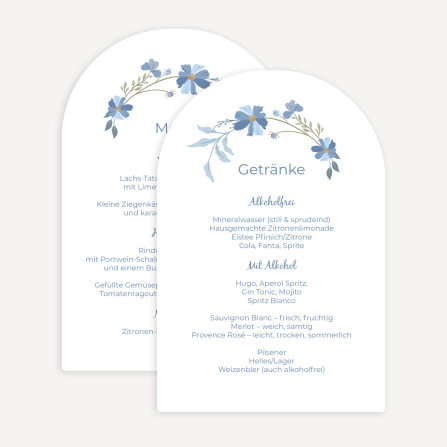 Menükarte Hochzeit Bogenkarte "Blütenkranz blau"