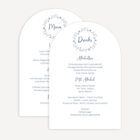 Menükarte Hochzeit Bogenkarte "Blätterkranz blau"
