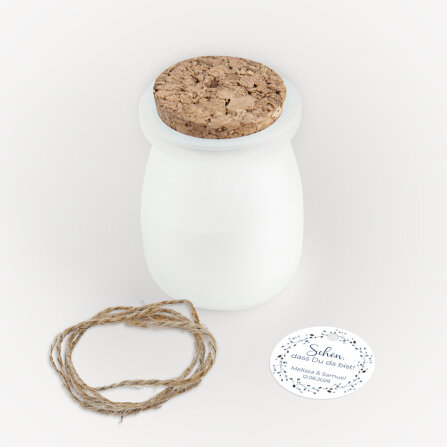 Duftkerze Vanille mit Korkdeckel + Anhänger "Blätterkranz blau"
