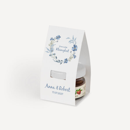 Geschenktäschchen mit Erdbeer Konfitüre "Blütenkranz blau"