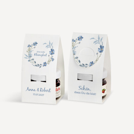 Geschenktäschchen mit Erdbeer Konfitüre "Blütenkranz blau"