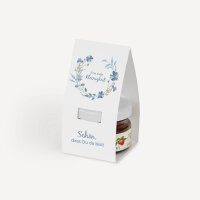 Geschenktäschchen mit Erdbeer Konfitüre "Blütenkranz blau"