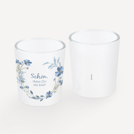 Tischkarte Windlicht "Blütenkranz blau" inkl. Glas
