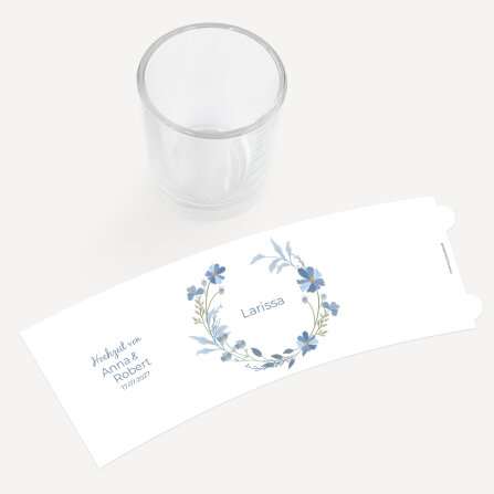 Tischkarte Windlicht "Blütenkranz blau" inkl. Glas