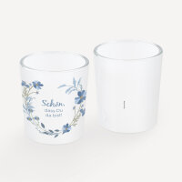 Tischkarte Windlicht "Blütenkranz blau" inkl. Glas