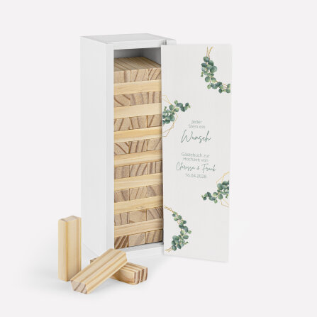 Gästebuch Alternative Hochzeit Wackelturm mit Geschenkbox "Eukalyptus Geometrie"
