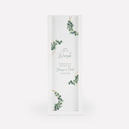 Gästebuch Alternative Hochzeit Wackelturm mit Geschenkbox "Eukalyptus Geometrie"