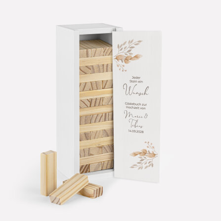 Gästebuch Alternative Hochzeit Wackelturm mit Geschenkbox "Trockengras"