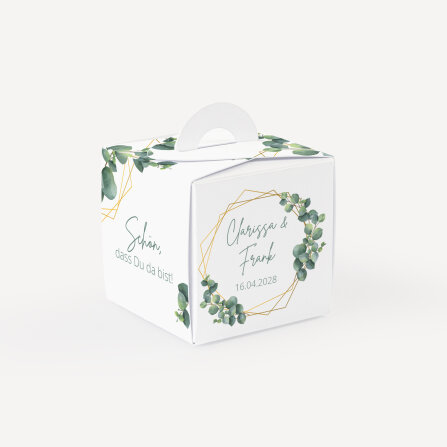 Gastgeschenk Mini Henkelbox "Eukalyptus Geometrie" optional mit Füllung