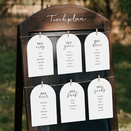 Sitzplan + Tischplan Hochzeit Bogenkarte "Clarity"