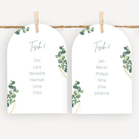 Sitzplan + Tischplan Hochzeit Bogenkarte "Eukalyptus Geometrie"