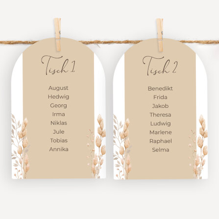 Sitzplan + Tischplan Hochzeit Bogenkarte "Trockengras"
