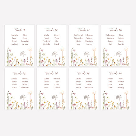 Flaschenetikett Hochzeit Tischplan "Wildromantische Blüten"