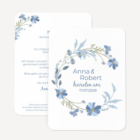 Hochzeitseinladung runde Ecken "Blütenkranz blau"