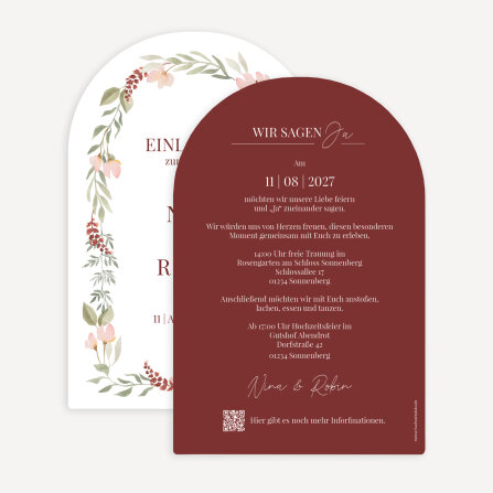 Hochzeitseinladung Bogenkarte "Blütenkranz rot"