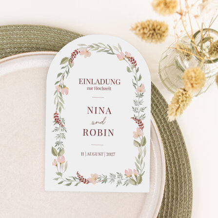 Hochzeitseinladung Bogenkarte "Blütenkranz rot"