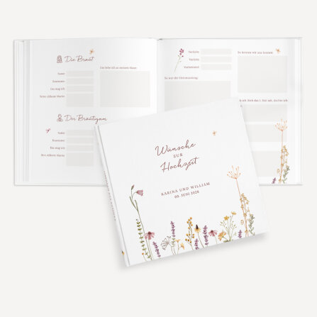 Personalisiertes Gästebuch Hochzeit mit Fragen "Wildromantische Blüten"