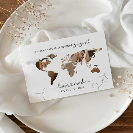 Hochzeitseinladung Klappkarte quer "Weltkarte"