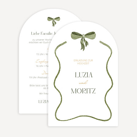 Hochzeitseinladung Bogenkarte "Schleife Olive"