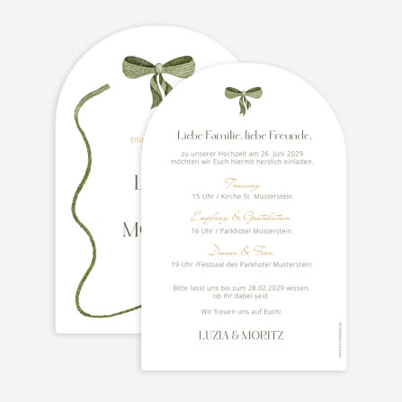 Hochzeitseinladung Bogenkarte "Schleife Olive"