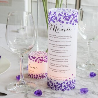 Menükarte Windlicht Herzregen lila online selbst gestaltet & inkl. Maxi Teelicht