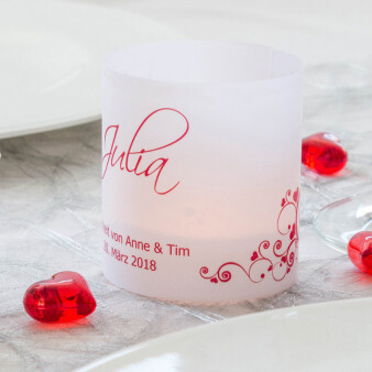 Tischkarte Windlicht Hochzeit Herzranken Rot inkl. Personalisierung & Maxi Teelicht
