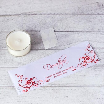 Tischkarte Windlicht Hochzeit Herzranken Rot inkl. Personalisierung & Maxi Teelicht