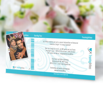 Einladungskarte Hochzeit Flugticket türkis