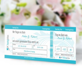 Einladungskarte Hochzeit Flugticket türkis