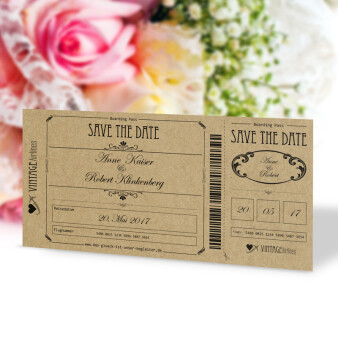 Save the Date Karte Hochzeit Vintage Boarding Pass