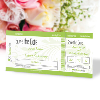 Save the Date Karte Hochzeit Flugticket grün ohne Text / Muster