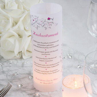 Menükarte Windlicht Liebesranken pink online selbst gestaltet & inkl. Maxi Teelicht