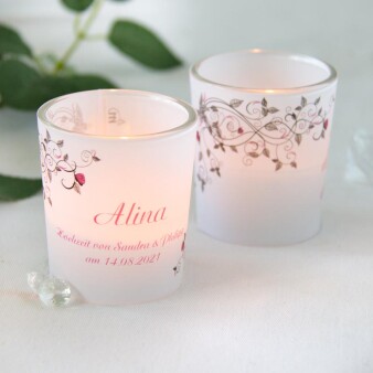 Tischkarte Windlicht Liebesranken inkl. Glas & Personalisierung pink