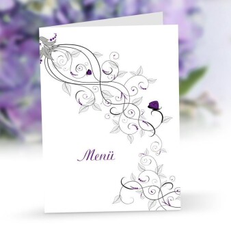 Menükarte Hochzeit Liebesranken lila online selbst gestalten