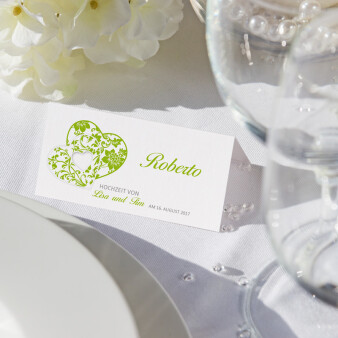 Tischkarte Hochzeit Herzenssache grün inkl. Textdruck