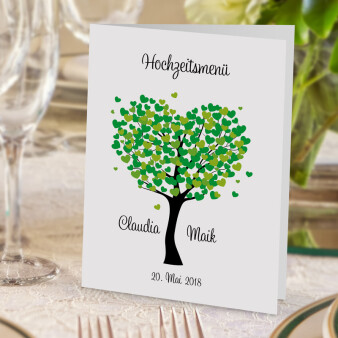 Menükarte Hochzeit Herzbaum grün online selbst gestalten