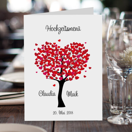 Menükarte Hochzeit Herzbaum rot